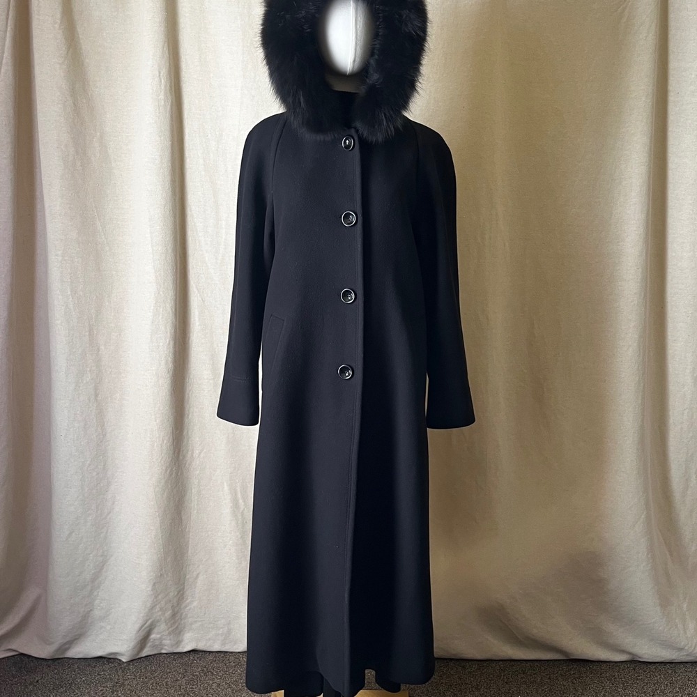 Forecaster Boston Black Wool Cashmere Fox Fur Hood Coat Sz 8 Long Maxi‎ - Picture 2 of 10